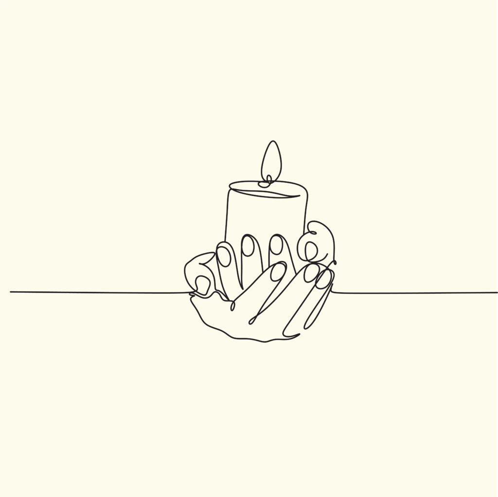 line illustration of two hands holding single wide candle