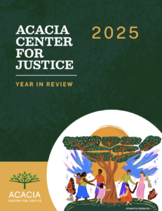 cover image of 2025 annual report featuring an illustration of a community under a blooming Acacia tree by Natalie But