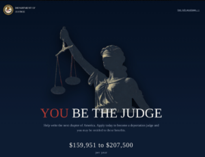 an screenshot from a recruitment post on DOJ's website that shows a blind state of justice with text that says "you be the judge"