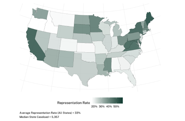 Choropleth map of United States showing representation rate by state using varying shades of green, with darker shades indicating higher rates.