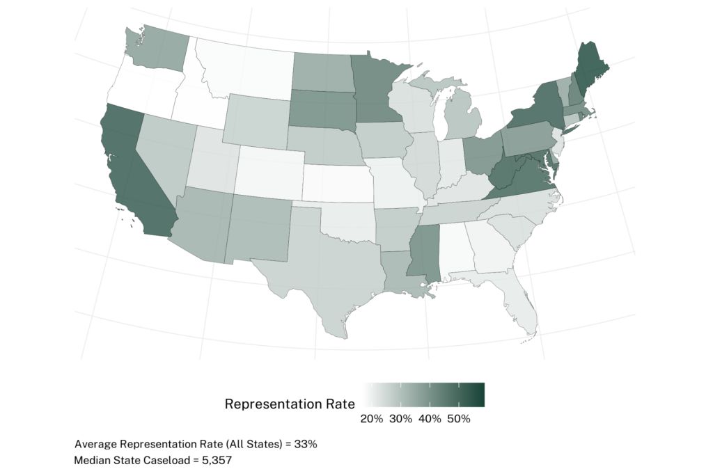 Choropleth map of United States showing representation rate by state using varying shades of green, with darker shades indicating higher rates.