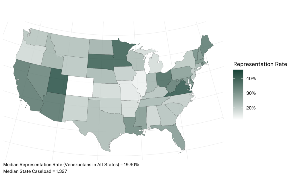 Figure 7: Choropleth map of the United States showing representation rates for Venezuelan respondents by state of residence from 2017 to 2025, with darker shading indicating higher representation rates.  