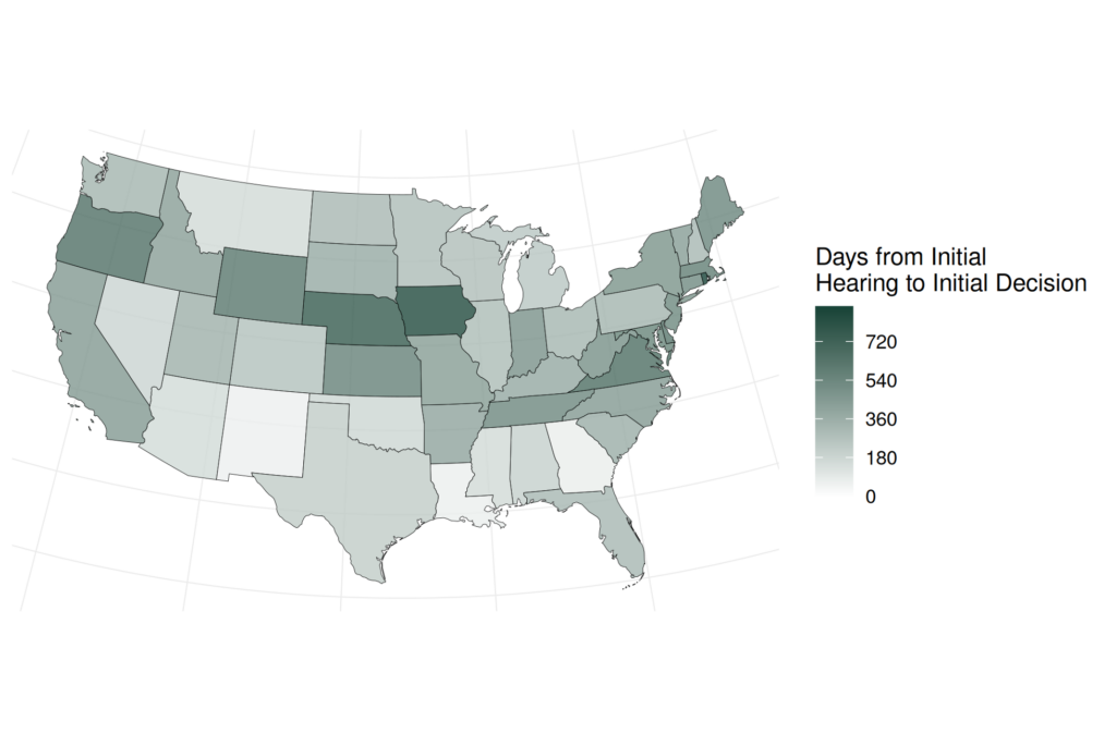 Choropleth map shows days from initial hearing to initial decision across U.S. states. Green scale ranges from 0 to 720 days, with darkest shading indicating longest decision times and lighter shading indicating shorter durations.