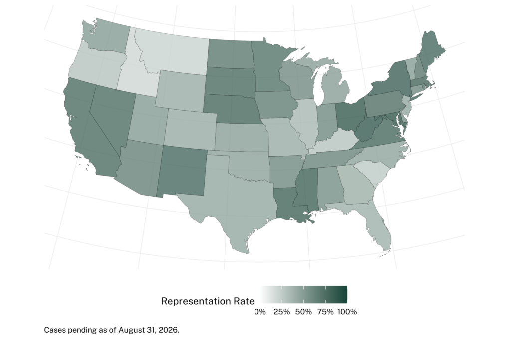 Graphic depicting a U.S. map with shaded states showing the representation rate for pending unaccompanied children cases by state.